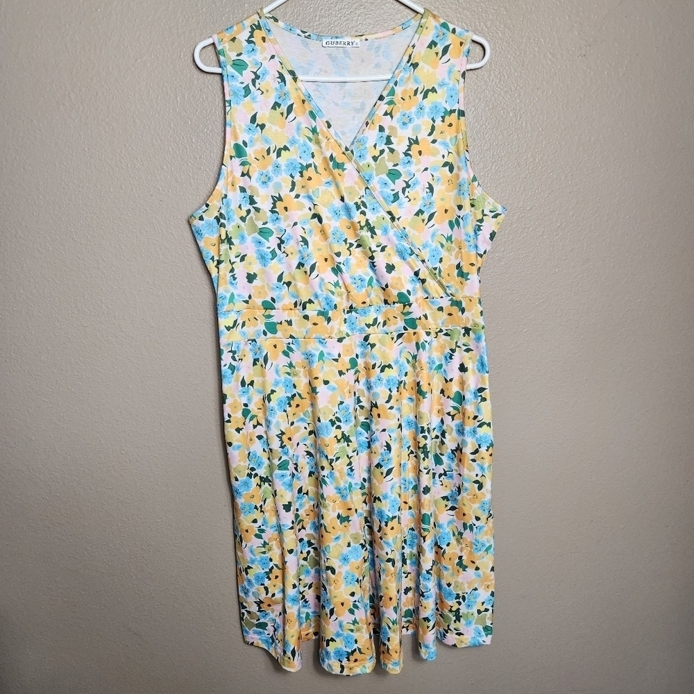 Guberry Womens Spring Floral Sleeveless Surplice Knit Knee Length Dress |XL|